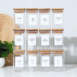 Empty Spice Jars with Label Pack (12x Bamboo Lid Glass Jar). Small 8oz Spice Storage Bottles with 72 Printed Spice Stickers and 20 Writable Pantr