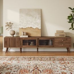 76 Modern Minimal Glass-Doors TV Stand For TVs Up To 85 Inches, Wood-Grain Entertainment Center With Storage Cabinets, TV Media Console Table For (Option: Natural)