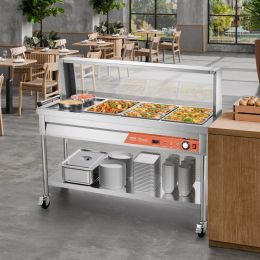 7 Pans + 2 Pots Commercial Food Warmer Steam Table With Undershelf Shield (Option: Silver)