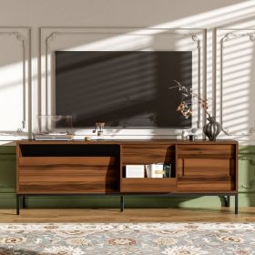 U-Can 70.8 Modern TV Stand For TVs Up To 75 Inches, Entertainment Center With Storage Space, Sliding Doors, Adjustable Shelves And Metal Frame, M (Option: Brown)