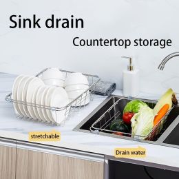 1pc Drain Rack; Drain Basket; Stainless Steel Kitchen Basket; Home Utensil Holder; Sink Basket; Retractable Sink Rack Suitable For Rectangular Si (size: M)