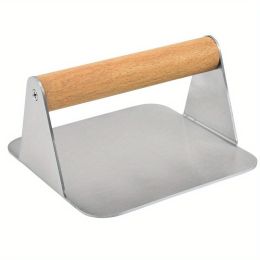 1pc; Burger Press; 304 Stainless Steel Meat Press; Round Or Square Burger Smasher; Grill Press Perfect For Kitchen Accessories; Home Kitchen Item (Material: Square Meat Press With Wooden Handle)
